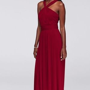 David's Bridal Y-Neck Long Mesh Dress in Apple